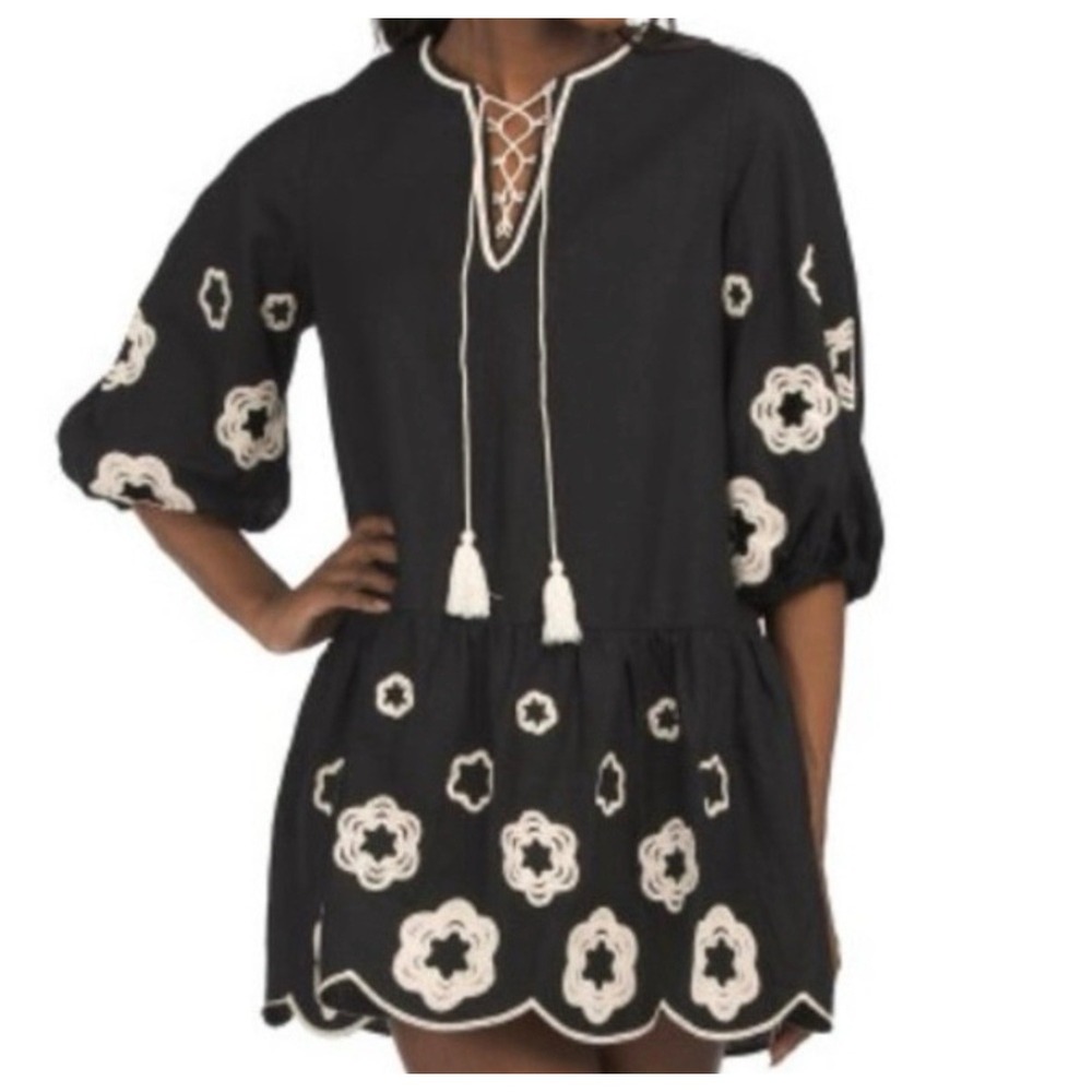 Camila Coelho Revolve‎ Black Linen Crochet Embroider Tassel Lace Up Mini Dress M